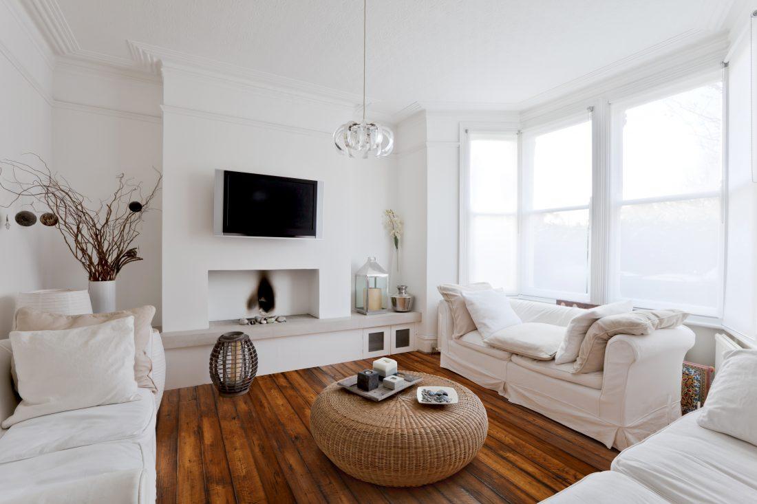 English Pub wood flooring in a white living room with white furniture