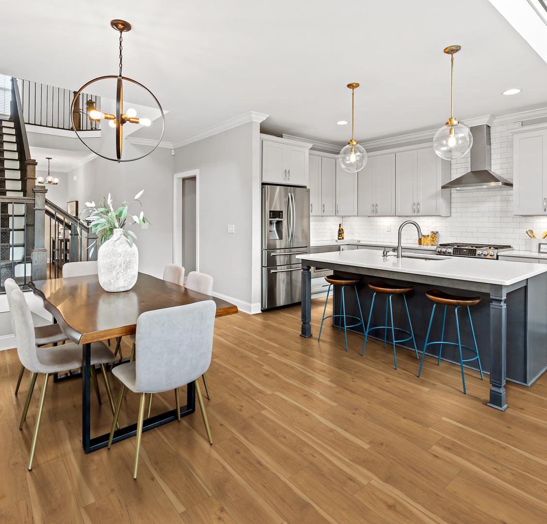 Golden Hickory flooring in an open concept kitchen and living room