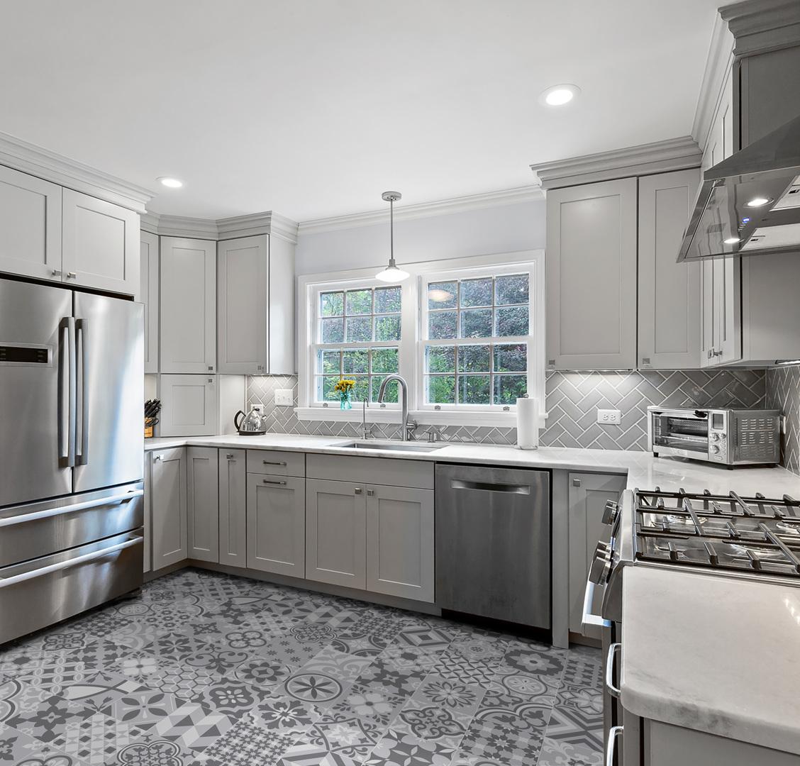 Poplin resilient flooring in a gray kitchen