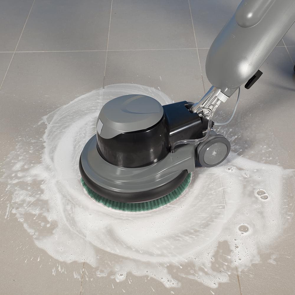 Soapy floor from a Malish floor cleaner being used to clean tile